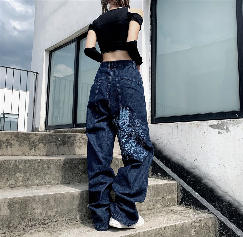 Lizakosht American retro street loose embroidered straight-leg jeans women  new casual all-match high-waist mopping wide-leg trousers