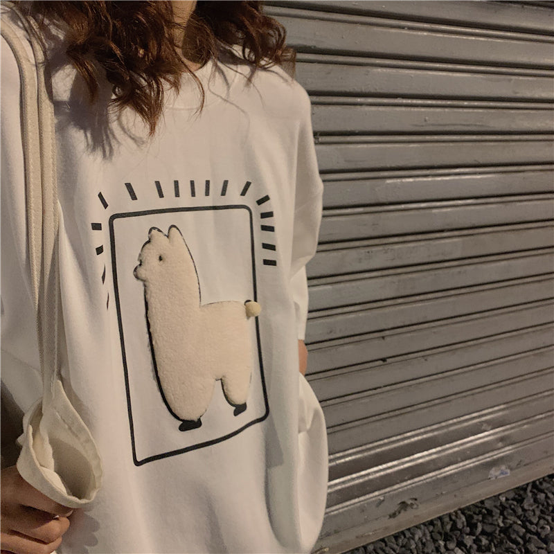 Lizakosht  Cartoon Alpaca Animal Printed Casual Loose Oversize Korean Style 2021 Summer Short Sleeve Women Top Female T-shirts