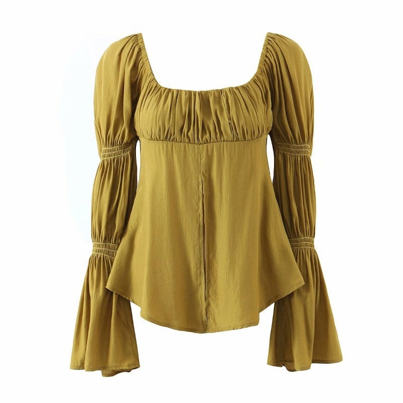 Lizakosht Trumpet sleeve elegant fashion design shirt women summer hedging long sleeve square collar slim blouse