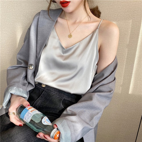 Korean Silk Women Tops Camis Woman Satin Tank Top Fashion Lady V-Neck Camis Women Sleeveless White Tops Sexy Halter Top XXXL