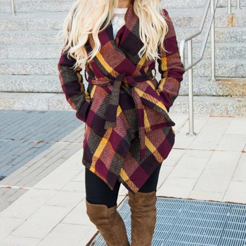 Fashion Plaid Patchwork Lace-Up Belt Women Outerwear Autumn Winter Long Sleeve Double Breasted Windbreaker Jackets Casual Coats