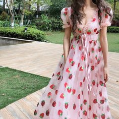 Sweet Elegant Strawberry Dress Women Summer 2022 Pink Beach Boho Party Midi Dress Ruffle Kawaii Korean Casual Vacation Clothing