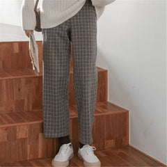 Plaid Woolen High Waist Button Straight Pants Vintage Simple Korean Ankle Length Pants Harajuku Streetwear Loose Women Trousers