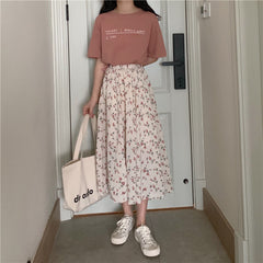 Vintage Floral Print A-line Pleated Long Skirts Summer Women Korean Skirt Streetwear Drawstring Elastic Waist Midi Skirt