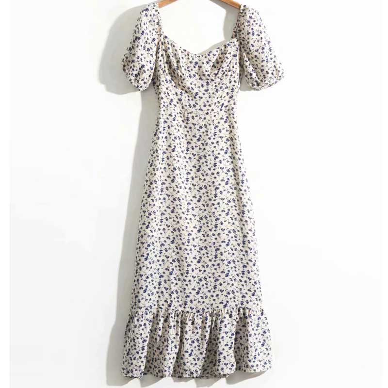 Lizakosht beige floral elegant women dress Square Collar High Waist summer dress Slim Fit Casual ladies dress chic dress