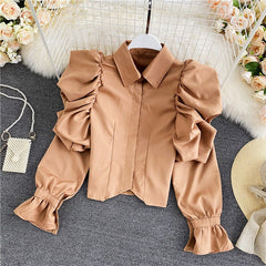 Fashion Spring Autumn New Temperament Blouse Women Retro Puff Sleeve Blusa Lapel Short Shirt KK1096