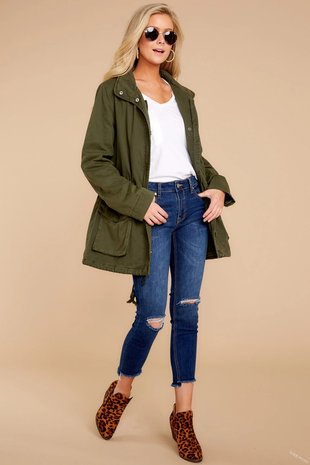 Lizakosht Military Jacket Women Hooded Windbreaker Autumn Winter Female Long Sleeve Outerwear Casual Streetwear Stand Collar Zip Up Jacket