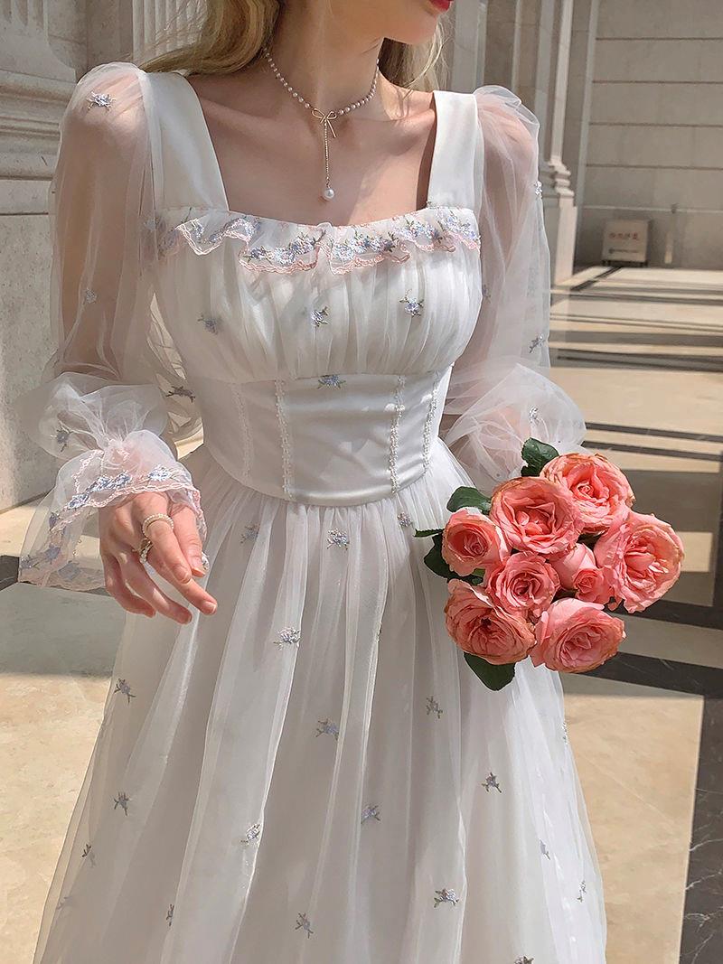 Autumn Spring White Mesh Fairy Dress Woman French Vintage Embroidery Floral Flare Sleeve Princess Prom Dresses Vestido Blanco