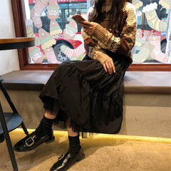 Long Tulle Midi Skirts Womens 2021 Autumn Elastic High Waist Mesh Tutu Pleated Skirts Female Black White Long Skirt Streetwear
