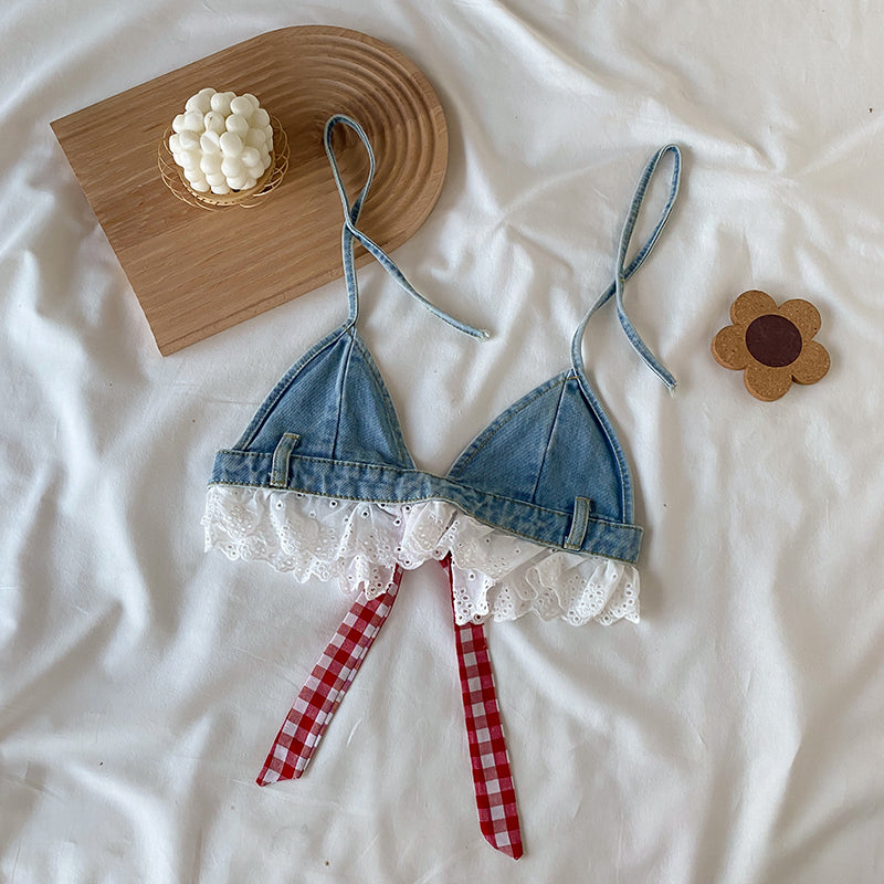 Lolita Girls Blue Denim Lace Two Piece Set Y2K Women Bustier Camis Crop Top High Waist Shorts Outfits Sexy Femenino 2 Piece Set