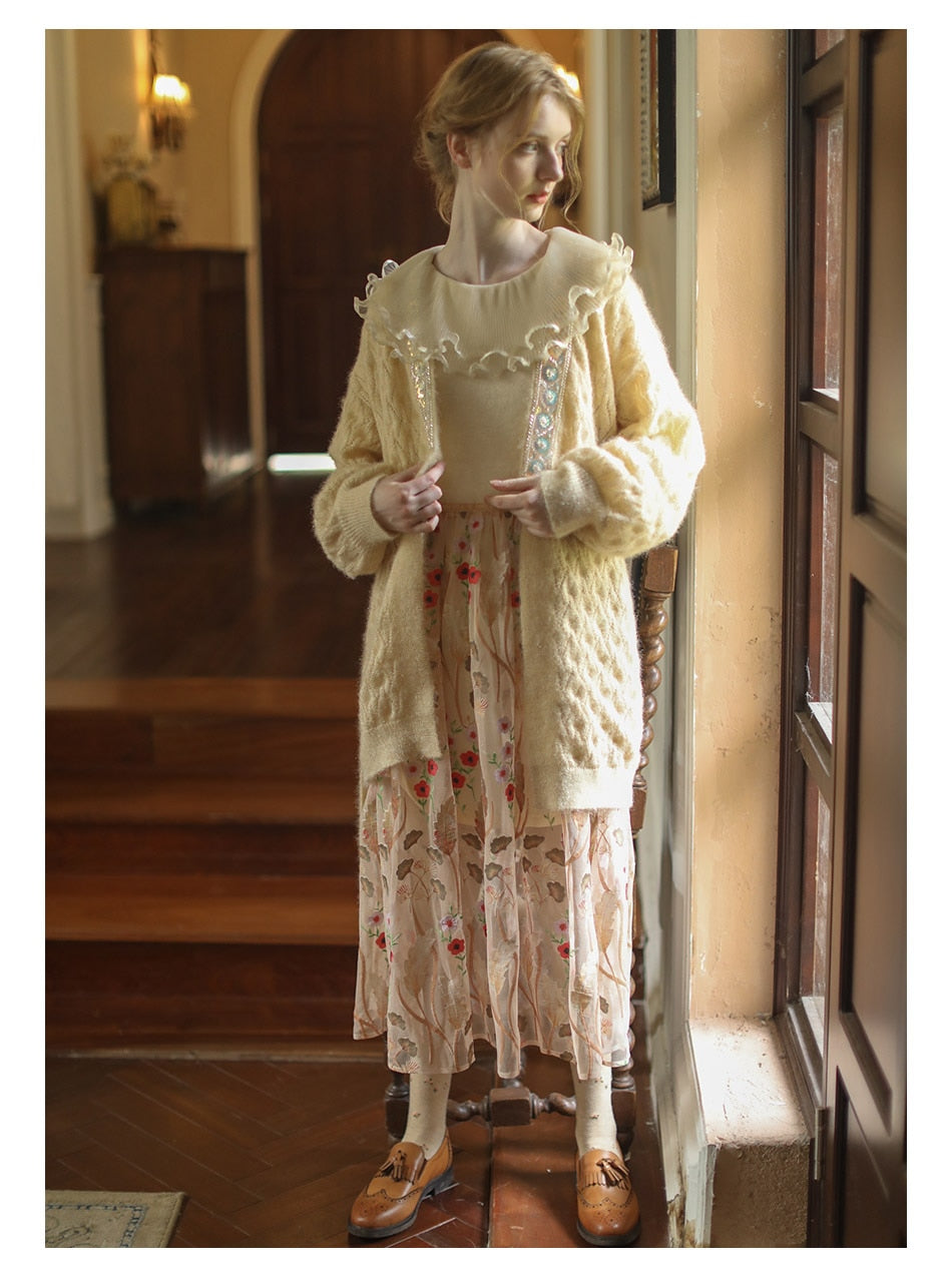 Lizakosht Dresses Fall Spring Women Embroidery Floral Lace Dress Vintage Elegant Slim Knitted Wool Patchwork Korean Fashion Long Dress