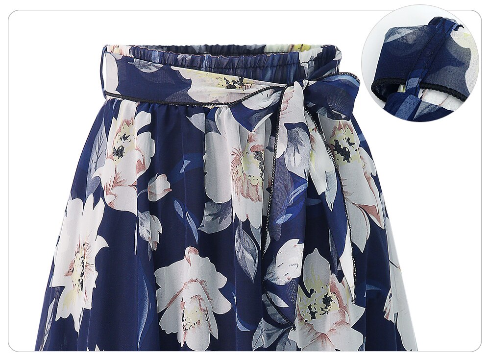 Spring Summer Newest Women Chiffon Skirts Printing Floral A line High Waist Bow Lace Up Belt Y2K Ladies Midi Long Skirt