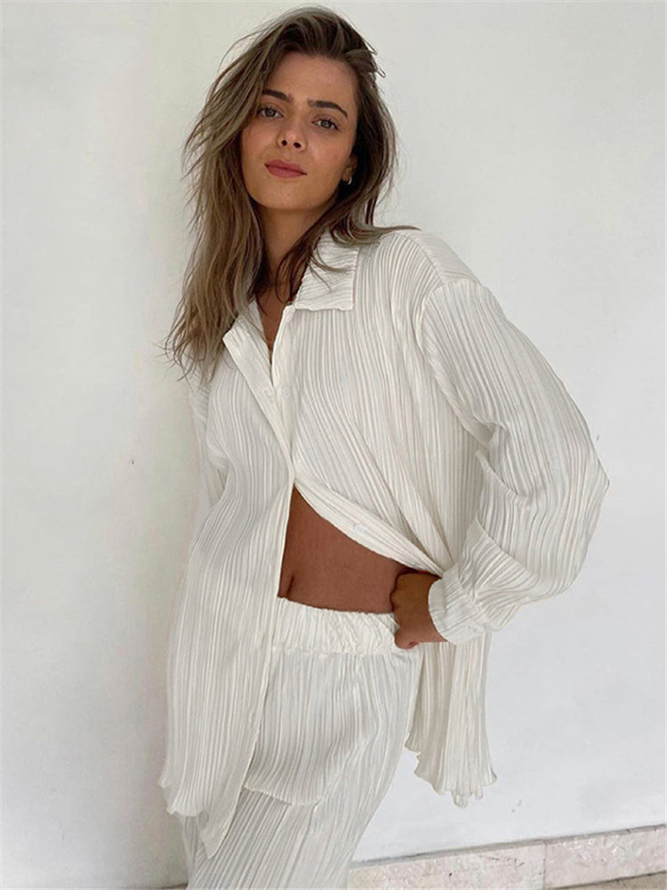 Lizakosht New Luxury Pleated Women's Set Oversized Two Piece Set Turn Down Collar Shirt Top And Pants Sets Casual High Street
