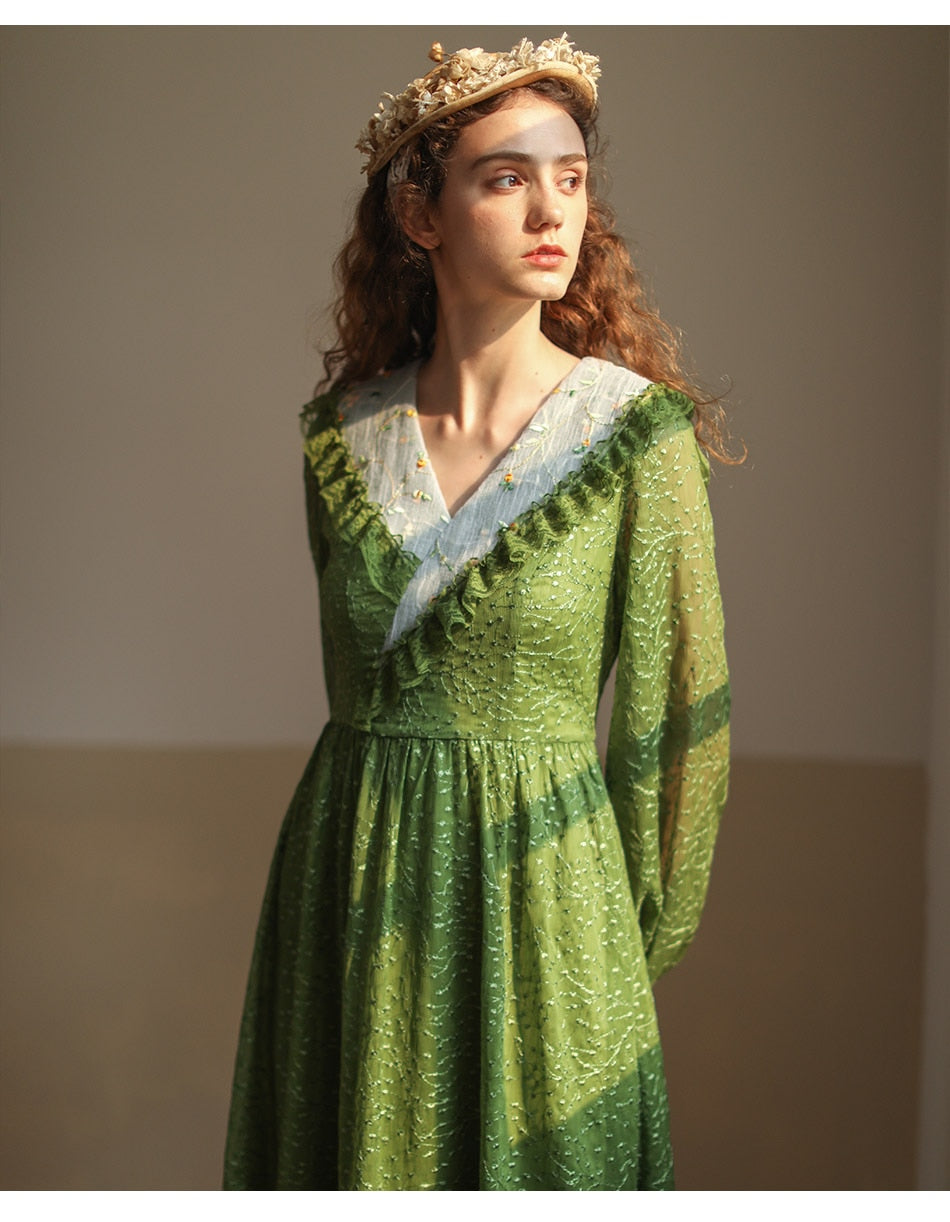 Lizakosht Green Dress SpringSummer Women Vintage Elegant Slim Long Sleeve Embroidery Lace V-Neck Cotton Long Dress ropa mujer talla grande