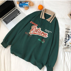 Oversized Hoodies Polo Collar Letter Printed Sweatshirt Womens Street Autumn 2021 New Lapel Loose All-match Blouse Clothes 2021