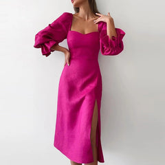 Retro Square Collar Women Solid Slim Party Dress Autumn Flare Sleeve Ladies Split A-Line Dress 2022  Female Sexy Backless Vestido