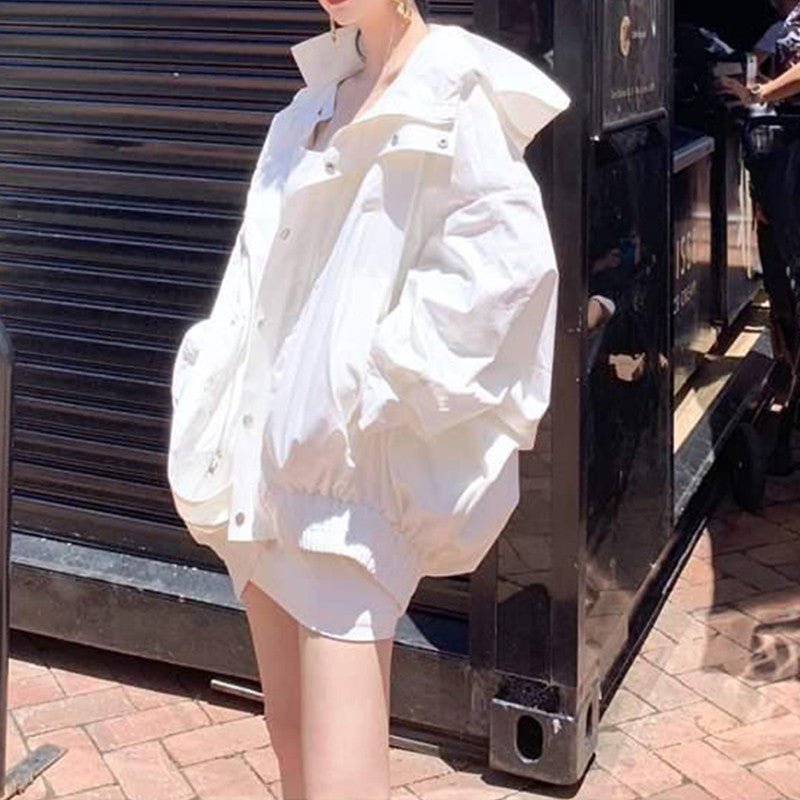 White Jacket Basic Coats 2021 Summer Loose Large Size Female Windbreaker Jacket Harajuku Hooded Student BF Coat Oversize QT93