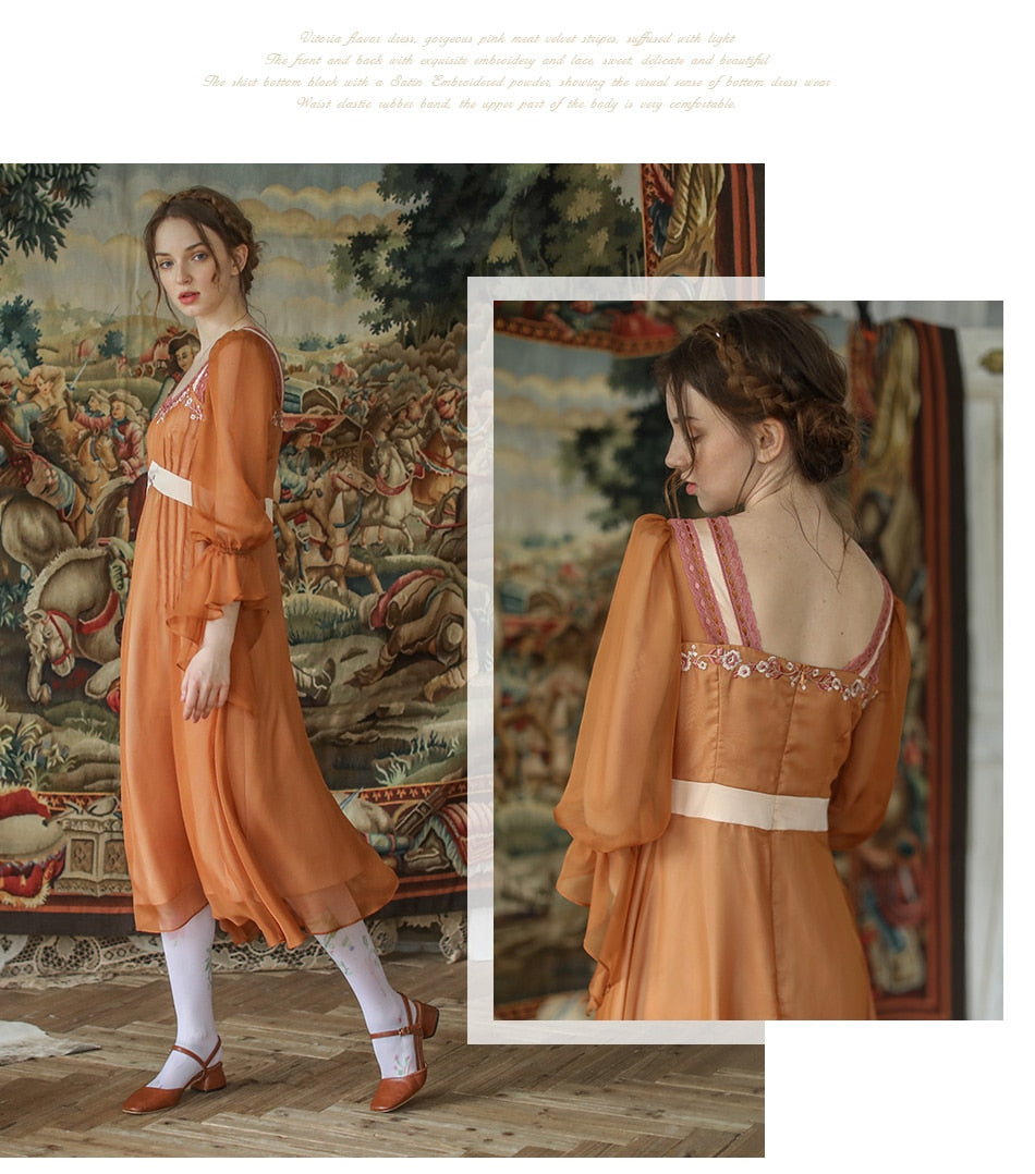 Lizakosht Spring Autumn Dress Women Vintage Elegant Slim Midi Dress Sweet Mori Girl Retro Embroidery Long Sleeve Lace Patchwork Long Dress