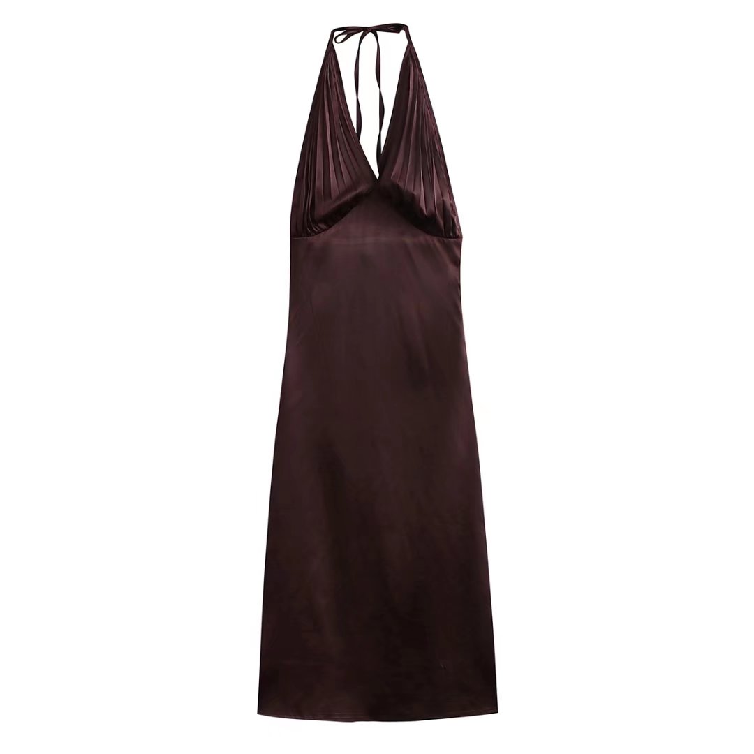 Summer dress women  evening party dresses sexy v neck dress sleeveless midi dresses satin ruched halter dress backless white