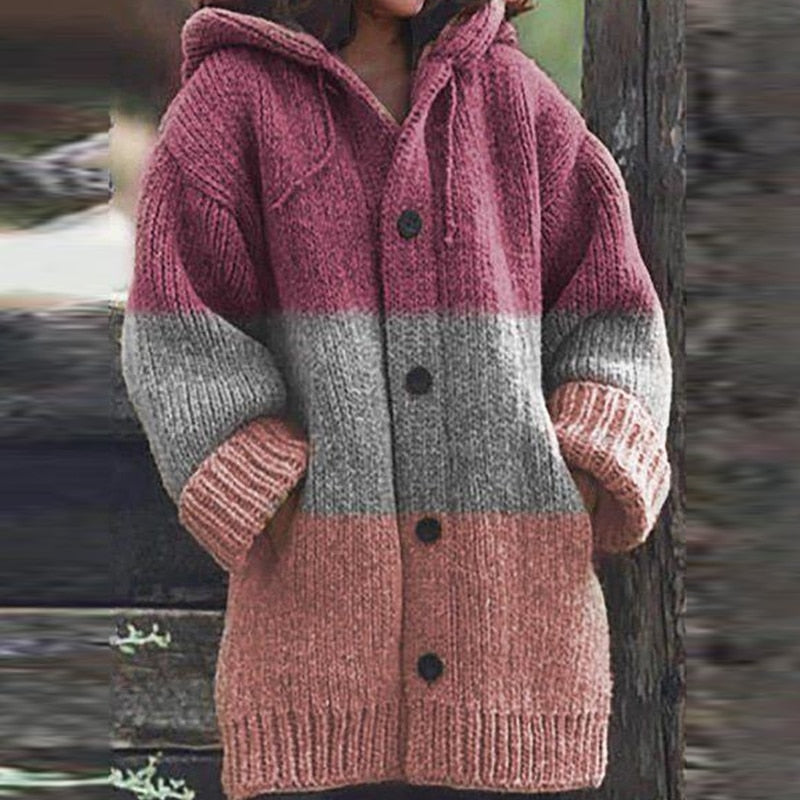 Elegant Fashion Patchwork Knitted Coat Sweater Women Fall Winter Vintage Button Cardigan Tops Casual Single Breasted Hooded Coat