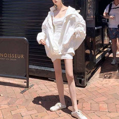 White Jacket Basic Coats 2021 Summer Loose Large Size Female Windbreaker Jacket Harajuku Hooded Student BF Coat Oversize QT93