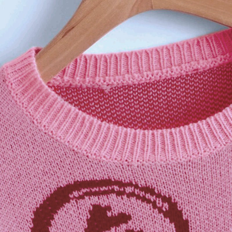 Autumn winter Pink smiley face sweater women's knitted round neck  tops female Korean loose oversized short bottoming sweaters