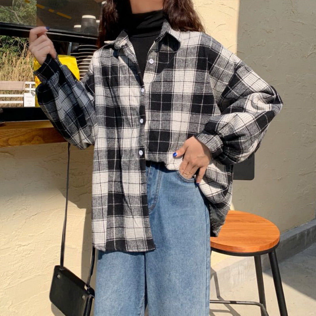 Women Vintage Warm Shirt Jacket Autumn Winter Plaid Long Shirt Jacekt Casual Loose Buttons Pockets Turn down Shirt Coat