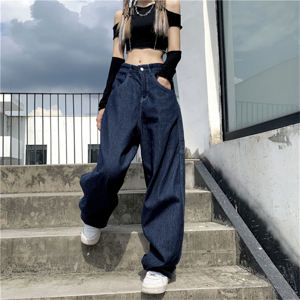 Lizakosht American retro street loose embroidered straight-leg jeans women  new casual all-match high-waist mopping wide-leg trousers