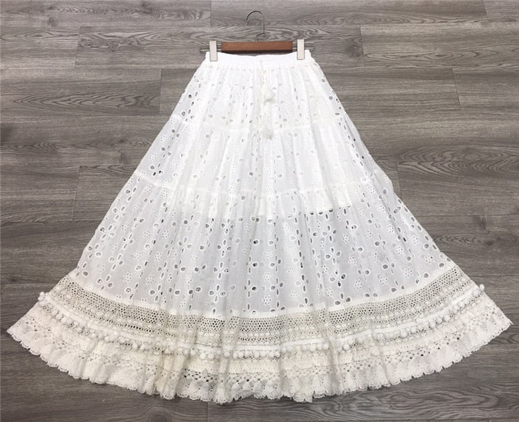 Lizakosht white eyelet skirts for women elastic waist tassel tied pom pom trims summer skirt long bohemian skirts womens