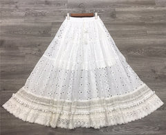 Lizakosht white eyelet skirts for women elastic waist tassel tied pom pom trims summer skirt long bohemian skirts womens