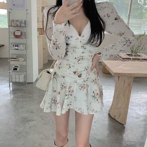 Elegant Floral Dress Women Autumn Sexy Party Mini Dress Female Casual Vintage One-Piece Dress Korean Fall  Women Clothing