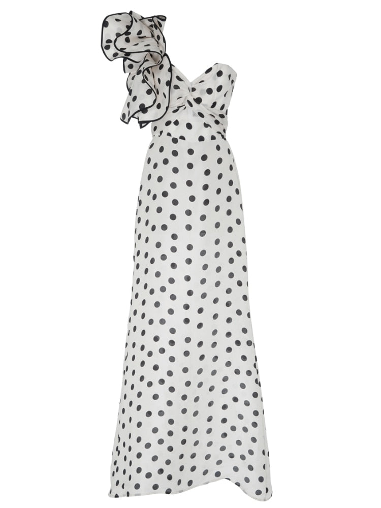 Lizakosht  Polka Dot Sheath Dress Women Hollow Out Chiffon Party Dress Sexy Long Maxi Dress Vintage Hepburn High Waist Zipper Runway C093