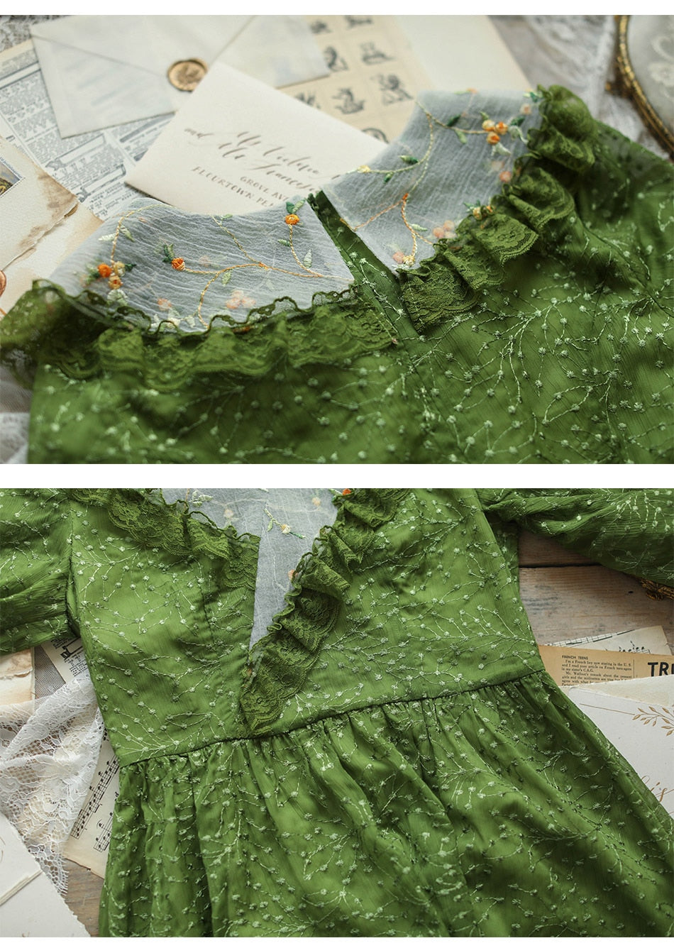 Lizakosht Green Dress SpringSummer Women Vintage Elegant Slim Long Sleeve Embroidery Lace V-Neck Cotton Long Dress ropa mujer talla grande
