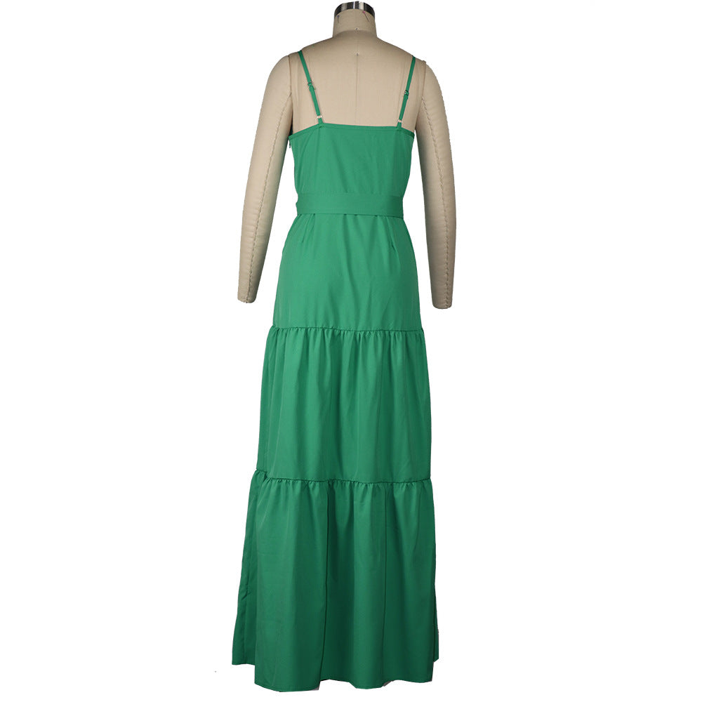 Summer Green Tunic Maxi Dress V Neck Robe Femme Belt Elegant Ruffles Party Long Dresses Spaghetti Strap Casual Vestidos Mujer