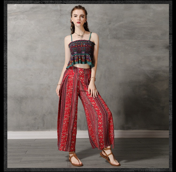 Summer Beach Fashion Bohemian Printed Wide Leg Pants Women Casual Cotton Linen Bottoms Thailand India Retro Split Loose Trousers