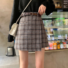 Vintage High Waist A-Line Skirt Sashes Irregular Fashion Lining Mini Plaid Skirt Women's Spring New Korean