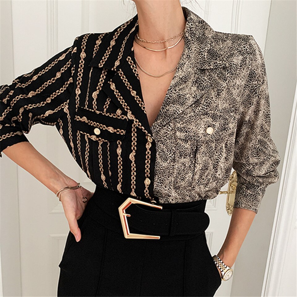 Spring Women Fashion Vintage Blouse Single Breasted Turn-down Collar Asymmetrical Print Loose Shirt Long Sleeve Blouse