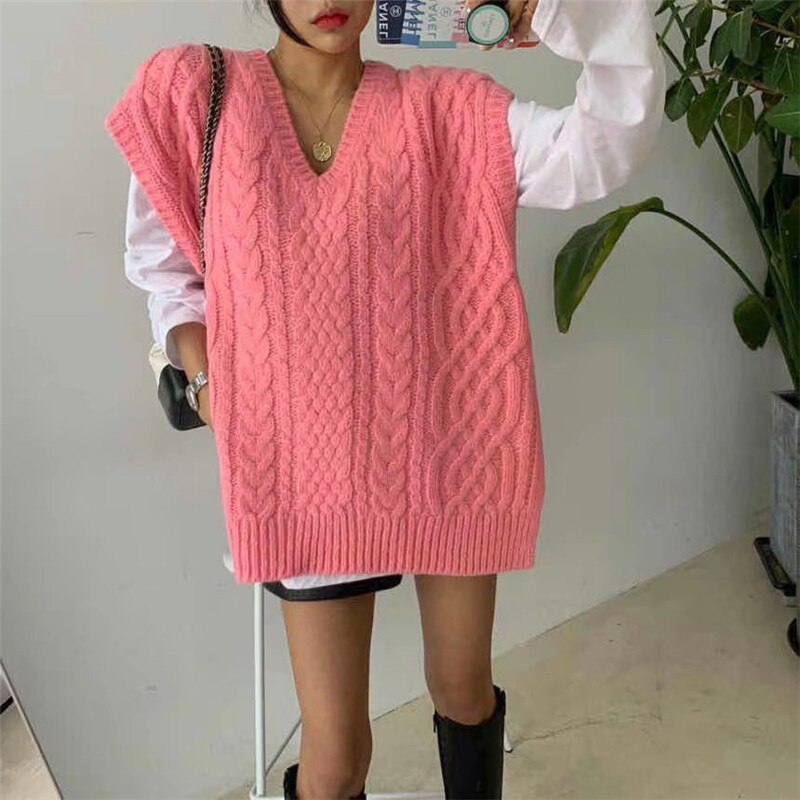 Autumn and winter new waistcoat sleeveless vest knitted vest women loose v-neck twist sweater