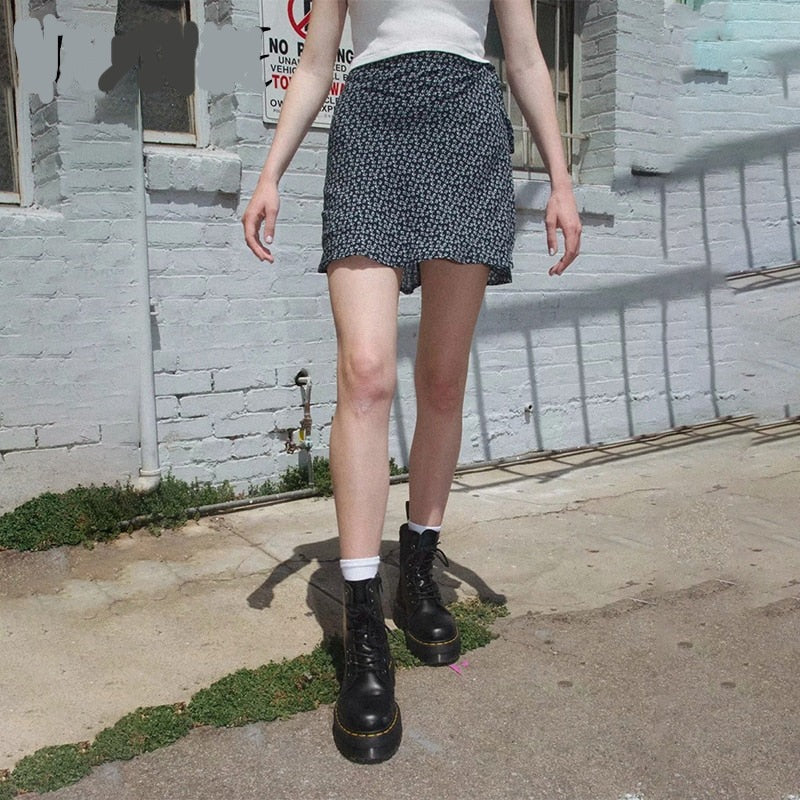 Lizakosht  Grunge 90s Streetwear Mini Skirts High Waist Flower Print Bow Bandage Aline Skirt Vintage Fashion Women Slim Clothes