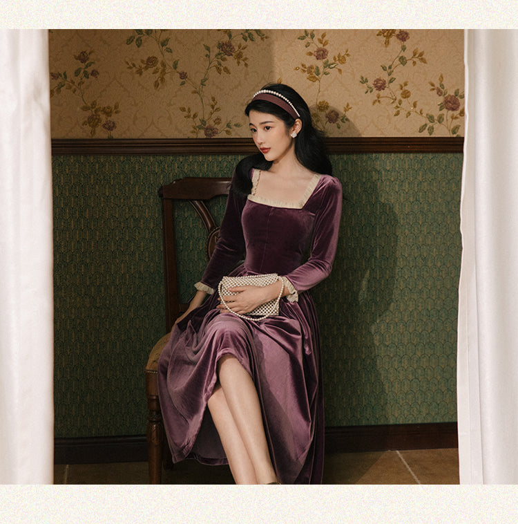 Vintage Velvet Dress Woman Solid Claret & Purple Color Square Collar Ruffles Elegant Lady Dinner Dresses Retro Vestido Festa