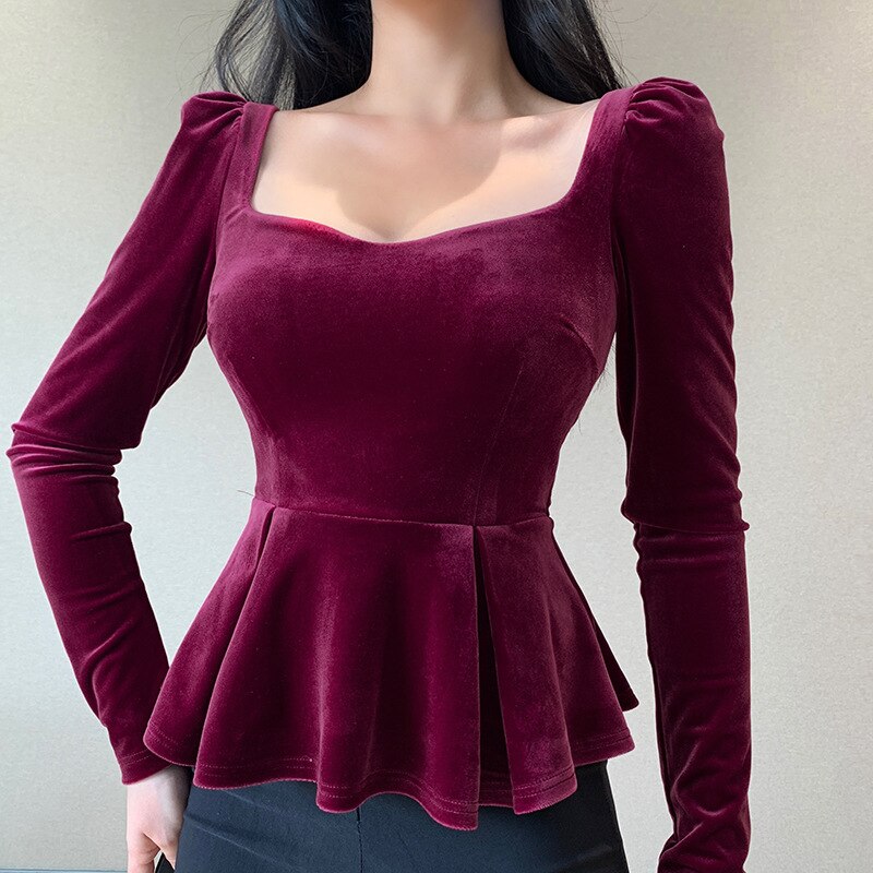 Autumn Long Sleeve Top Women Y2k Sexy Bodycon Top Wine Red 2021 Female Blouse Vintage Tops for Party Clubwear