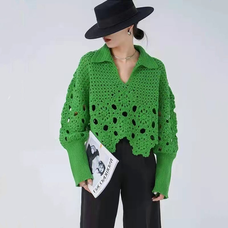 New  Spring Autumn Women Sweater Pullovers Knitted Korean Fashion Hollow Out Irregular Jumpers Short Tops