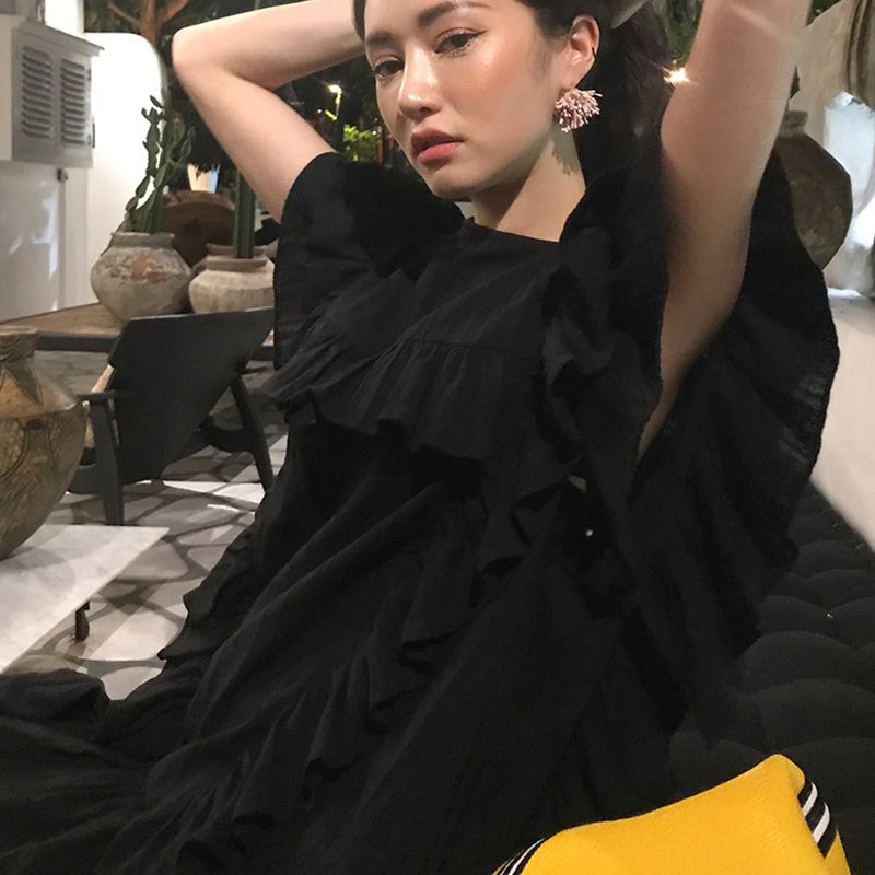 Ruffles Straight Dress Women Cotton Vintage Summer Party Dress Loose O-Neck Butterfly Sleeve Elegant Dress Cocktail Sexy Club