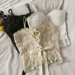 Crop Top Woman 2022 Spring Summer Sexy Lace Straps Hollow Flower Crochet Lace-up Lace Frill Spaghetti-Strap Women's Camisole Top