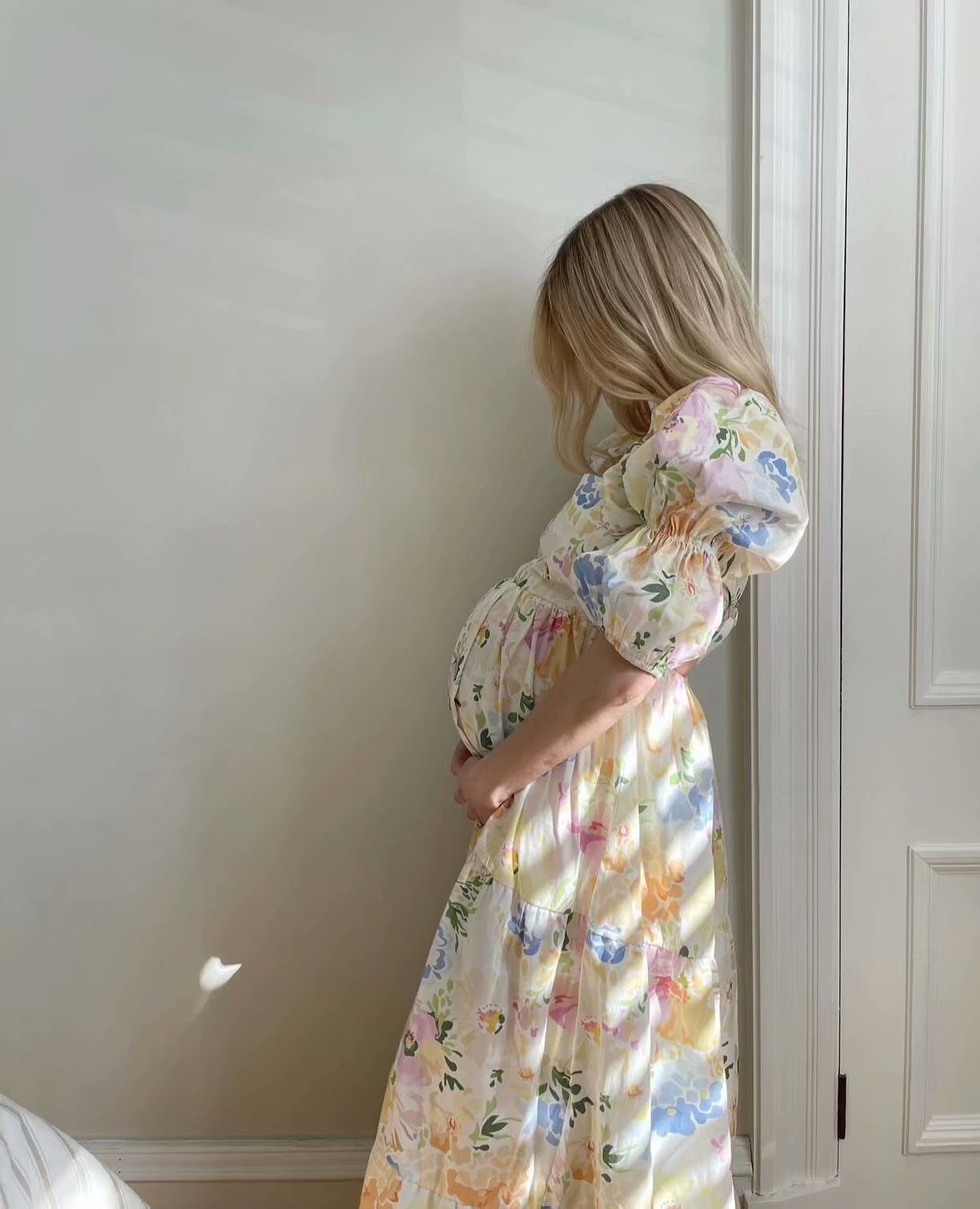 Women France Floral Print Holiday Dress Square Collar Back Tie Bow Backless Dresses Slim Midi Slit Dress 202107