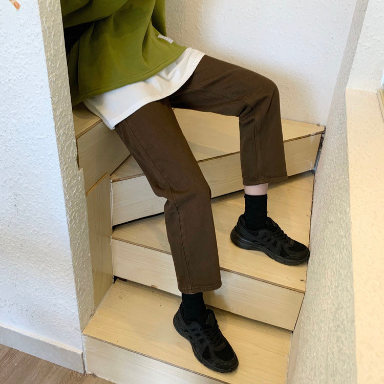 Autumn New Brown Straight Denim Vintage Slender Office Lady Jeans Women Trousers High Waist Large Size Pants Female KZ703
