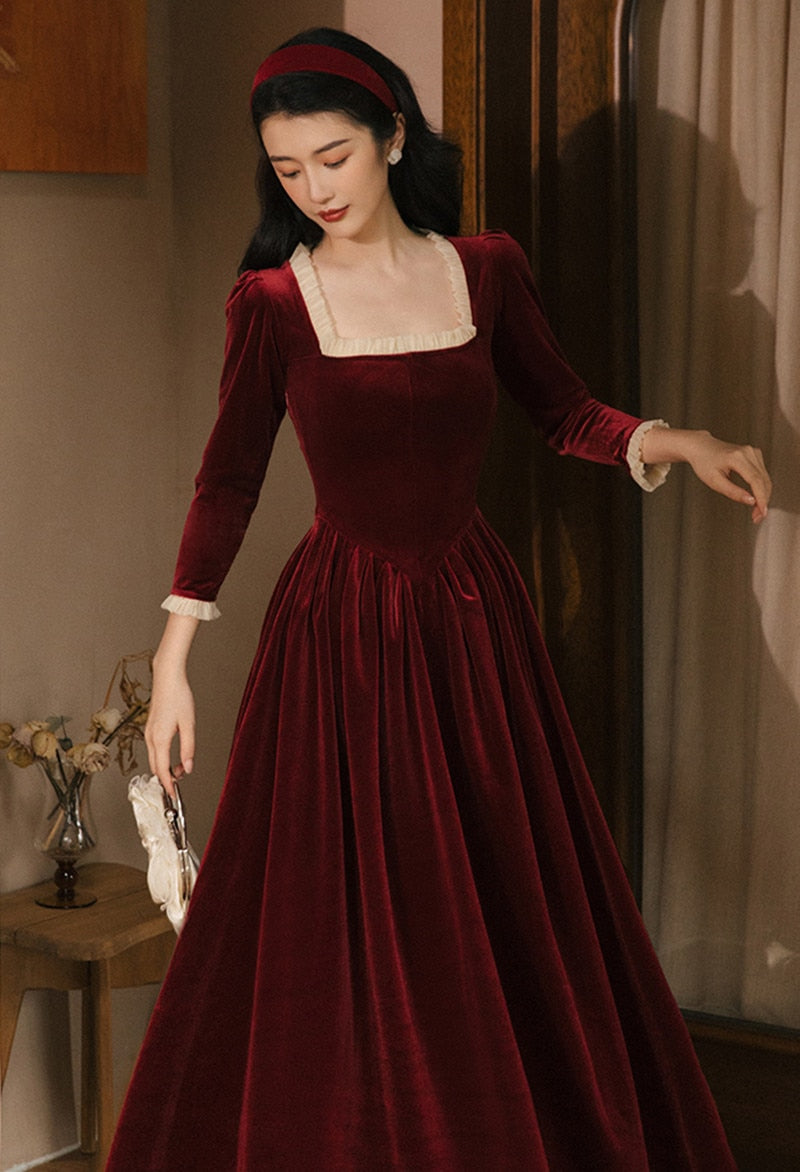 Vintage Velvet Dress Woman Solid Claret & Purple Color Square Collar Ruffles Elegant Lady Dinner Dresses Retro Vestido Festa