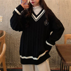 Bella 2022 Women Harajuku V-neck Japanese Sweater Female Preppy Style Long Sleeve Knitted Pullovers Autumn Warm loose Jumpers