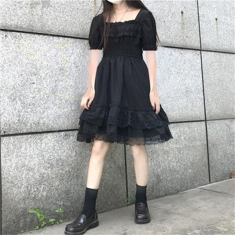 Gothic Lolita Alt Mini Dress Black Kawaii Princess Vestidos E Girl Ropa Fairycore Cute Lace Ruffles Sundress Party Dresses