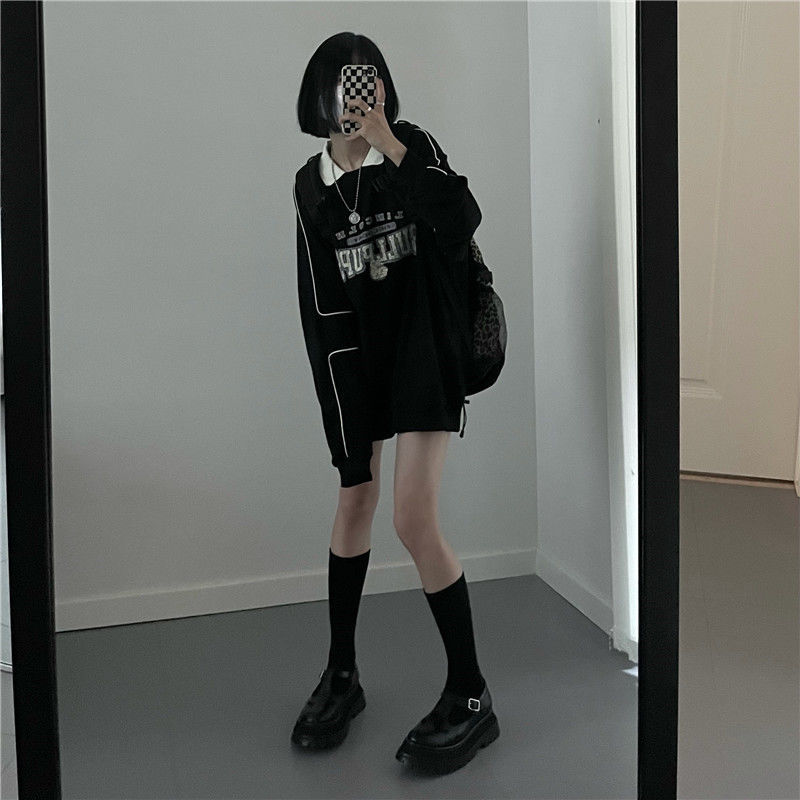 Vintage Oversized Hoodie Women Autumn Harajuku Preppy Style Patchwork Fake Two-piece Sweatshirt Casual Kpop Streetwear